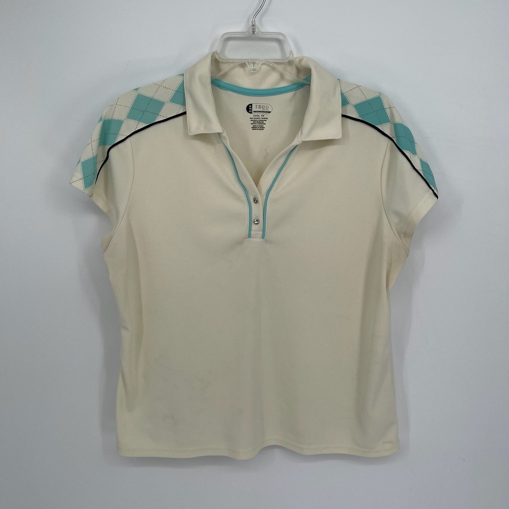 IZOD Women's Ivory Argyle Shoulder Performance Tennis Golf Polo Shirt Size XL